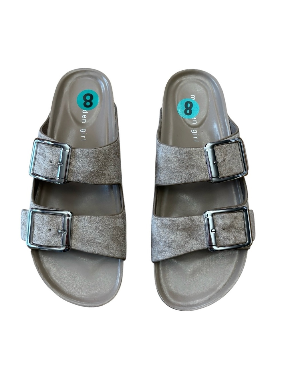 Madden Girl, Double Buckle Slide Sandals Taupe Metallic, Size 8, Comfort Footbed - Picture 5 of 9
